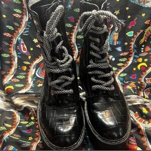 Zara Black Croc-Embossed Combat Boots with Black & White Laces